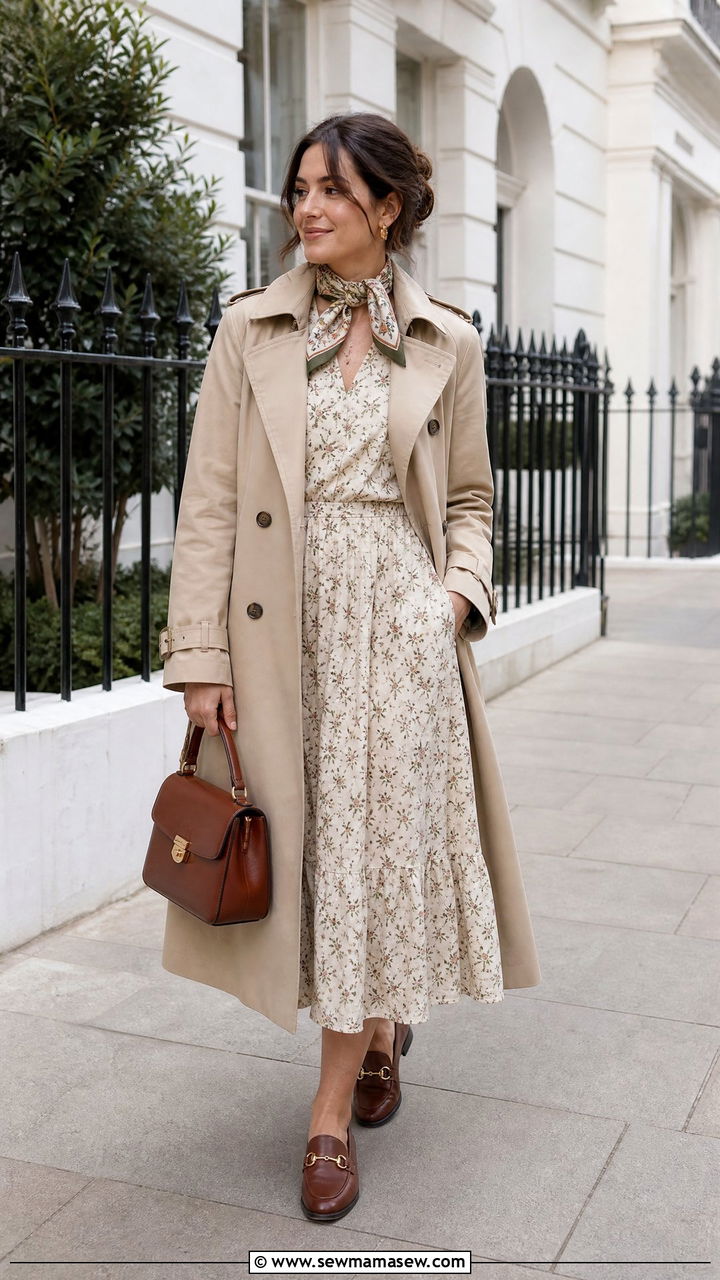 Trench Coat with Floral Midi Dress and Loafers - 30 Cottagecore spring outfits