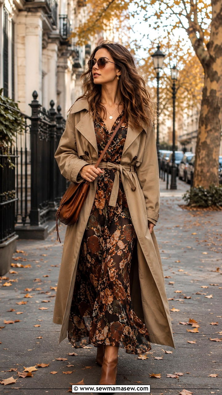 Trench Coat with Flowy Maxi Dress - 30 classy boho chic outfits