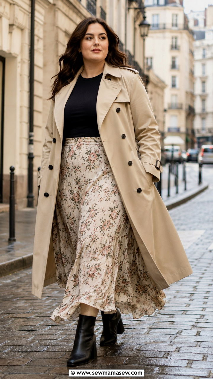 Trench Coat with Flowy Maxi Skirt and Ankle Boots Plus Size - 30 Modest outfit ideas plus size