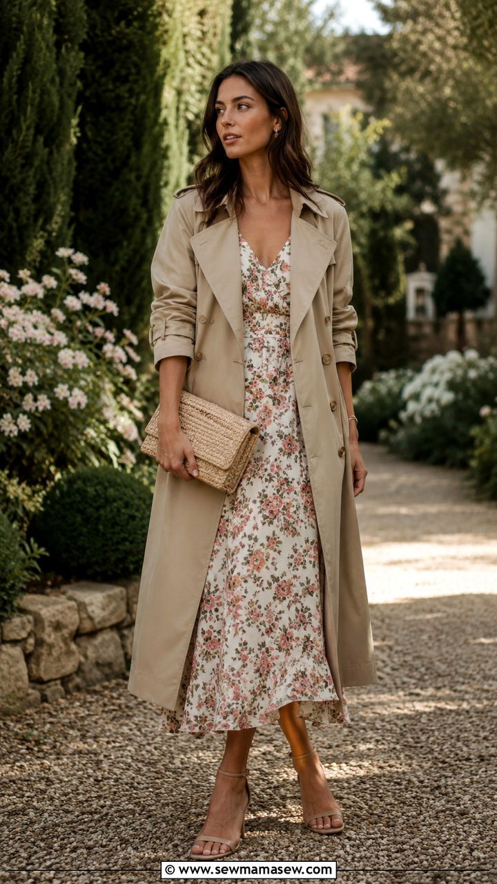 Trench Coat with Flowy Midi Dress and Strappy Heeled Sandals - 30 trench coat outfits inspo