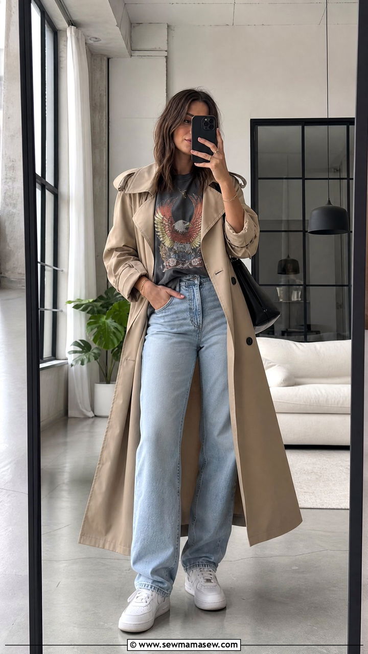 Trench Coat with Graphic Tee and Relaxed Jeans - 35 how to style trench coat