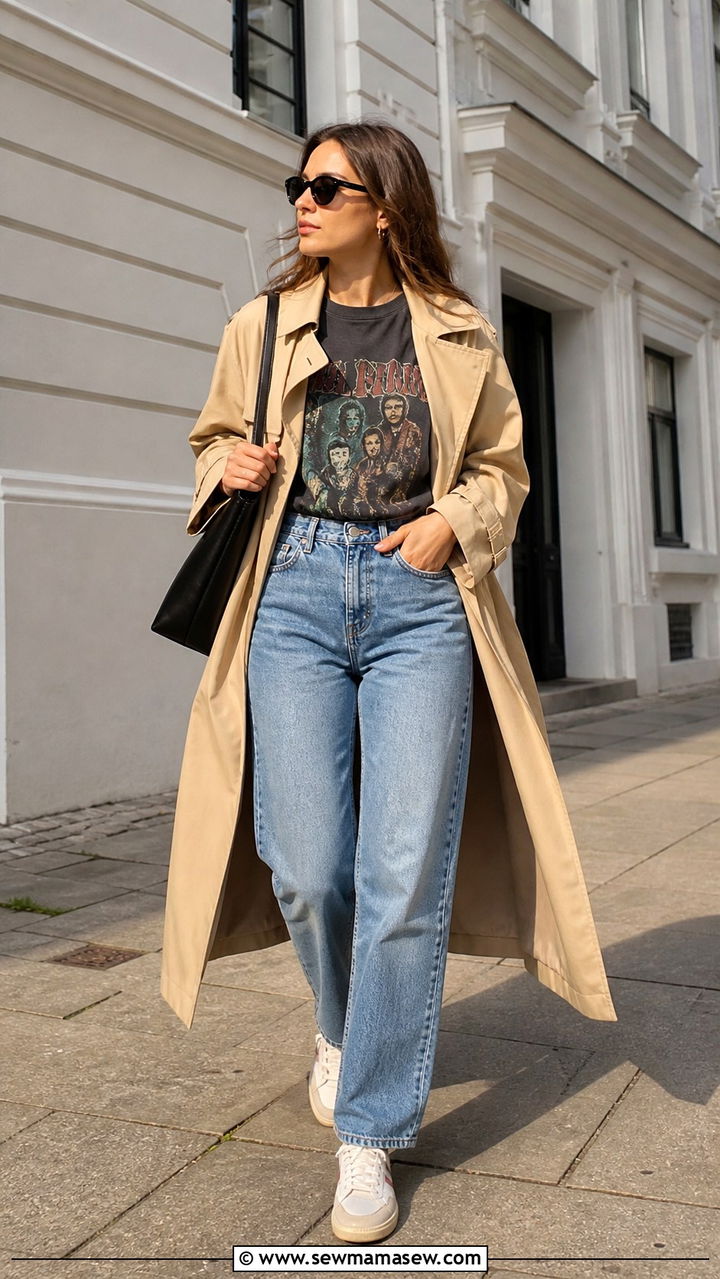 Trench Coat with Graphic Tee and Straight Jeans Outfit - 40 trench coat outfit ideas