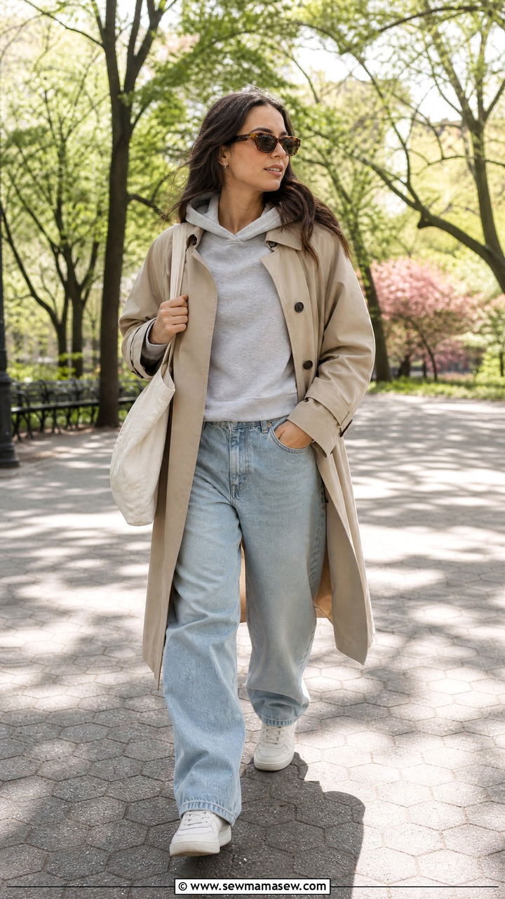 Trench Coat with Hoodie and Baggy Jeans - 30 streetwear outfits to copy