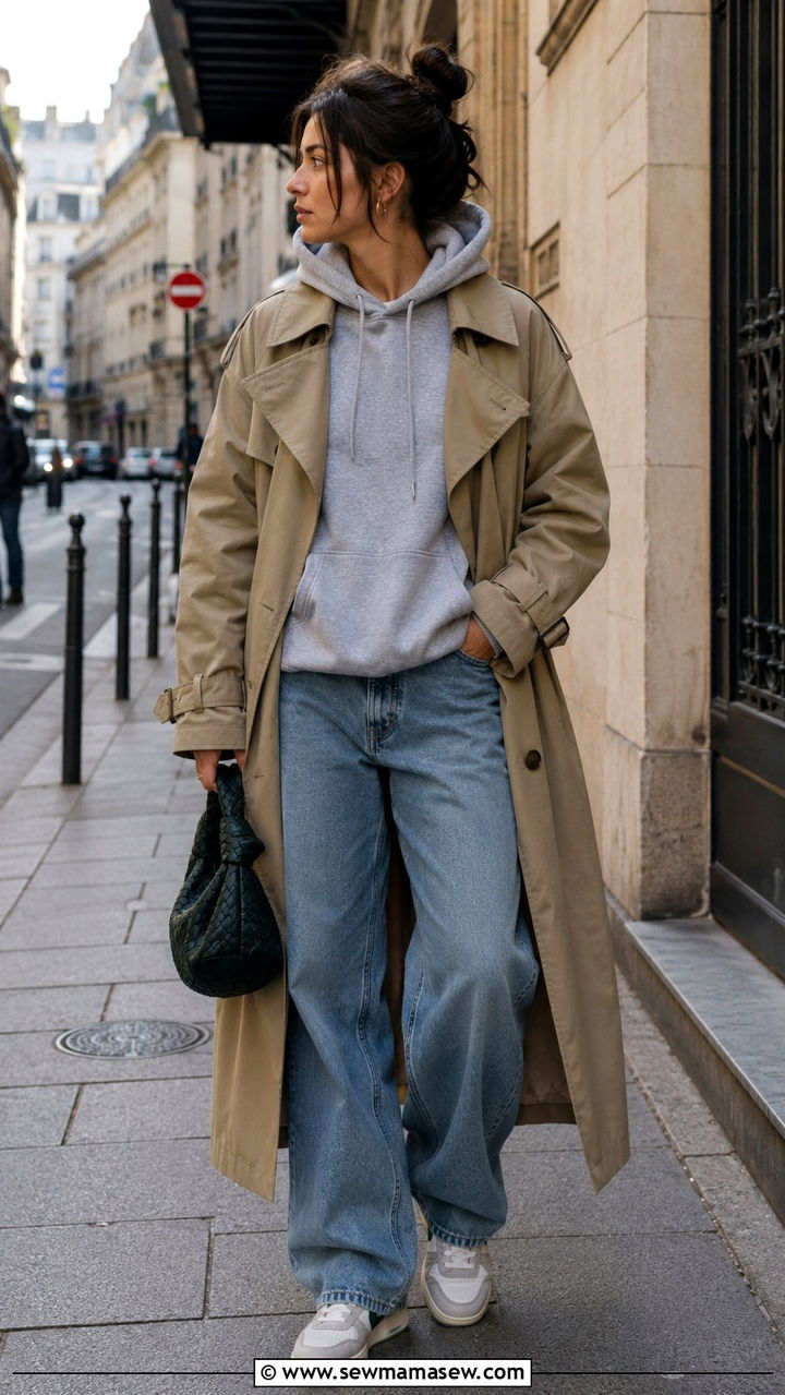 Trench Coat with Hoodie and Barrel Leg Jeans - 30 transitional street style outfits