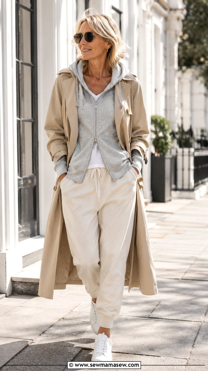 Trench Coat with Hoodie and Joggers for Weekend Comfort - 30 trench coat outfits for women over 40