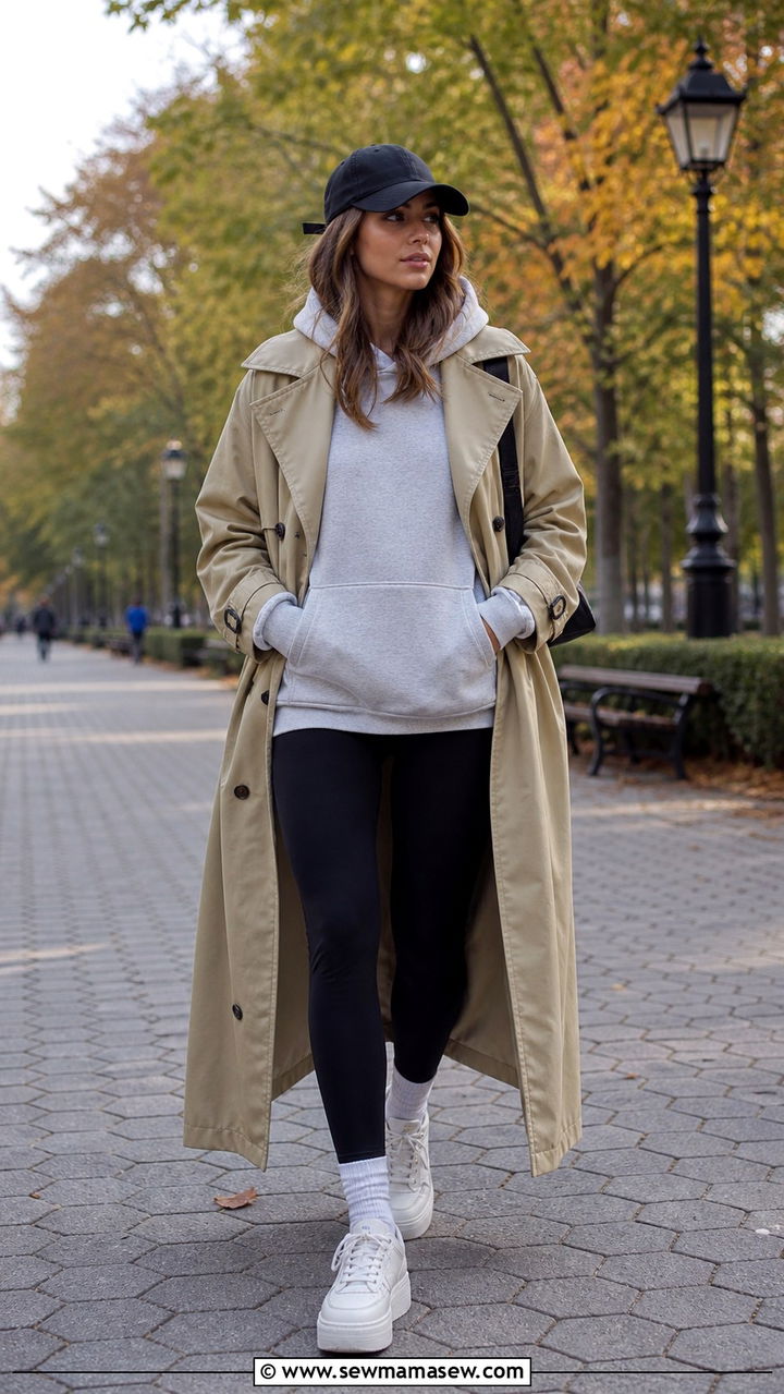 Trench Coat with Hoodie and Leggings Outfit - 40 trench coat outfit ideas