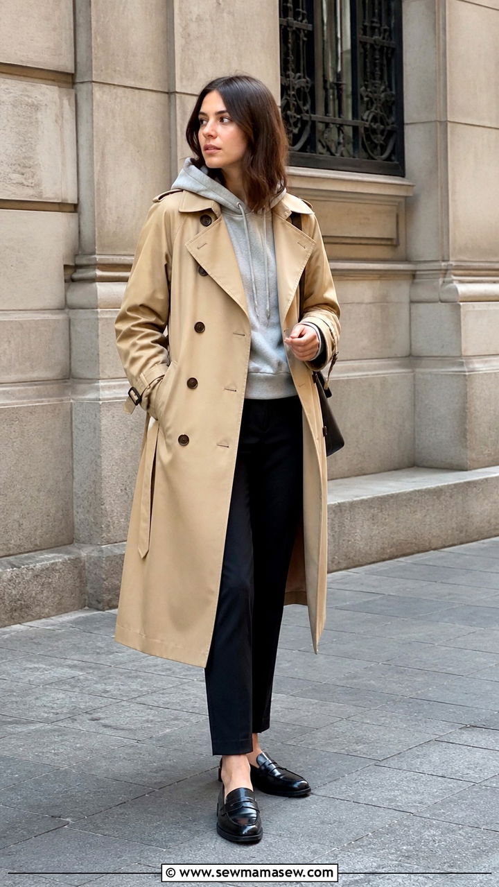 Trench Coat with Hoodie and Loafers - 40 cute spring outfit ideas