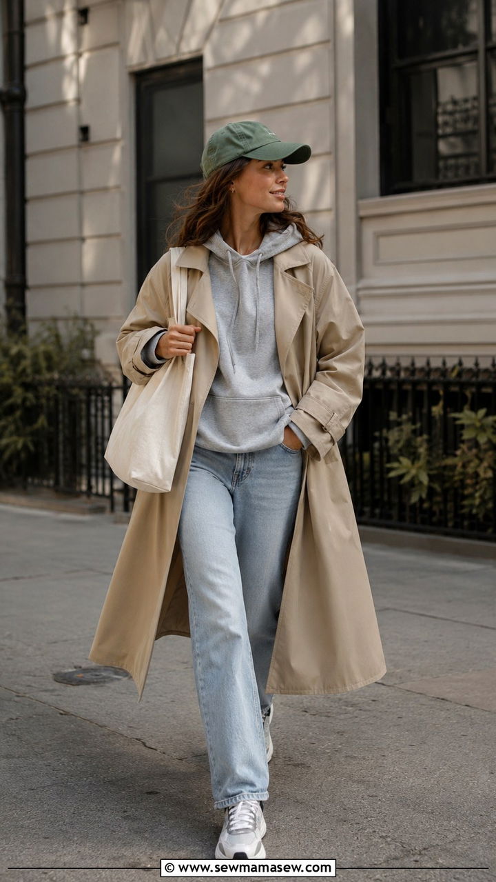 Trench Coat with Hoodie and Straight Leg Jeans - 30 spring capsule wardrobe outfit ideas