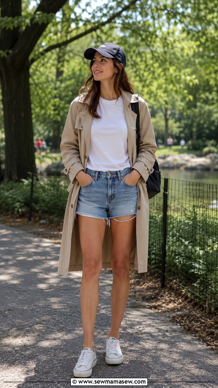 Trench Coat with Jean Shorts and a Basic Tee - 30 How to style a trench coat in summer