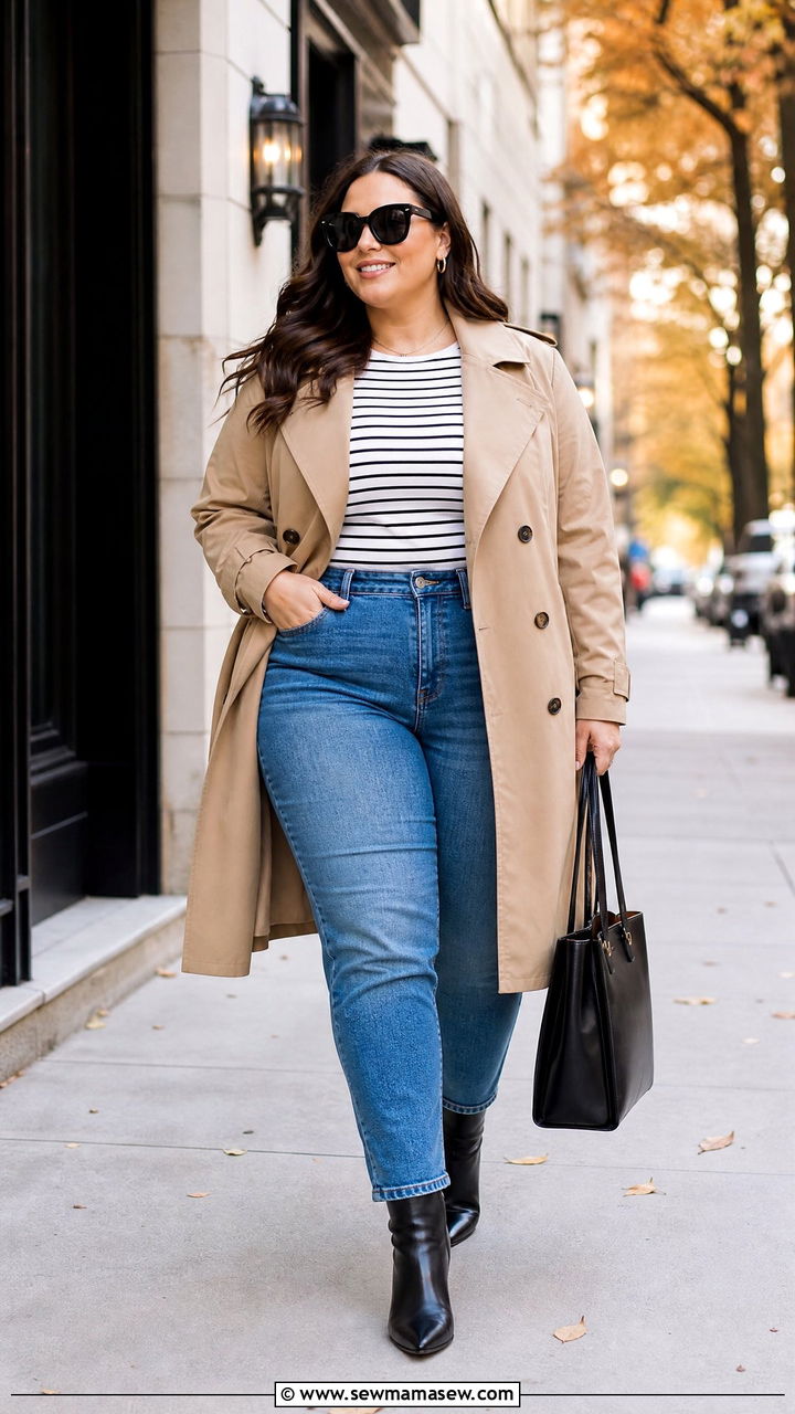 Trench Coat with Jeans and Ankle Boots - 30 Cute outfits for plus size