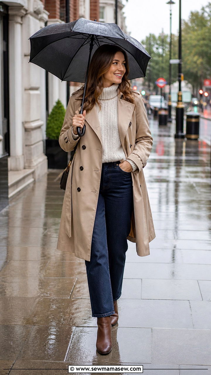 Trench Coat with Jeans and Ankle Boots - 40 rainy day outfits