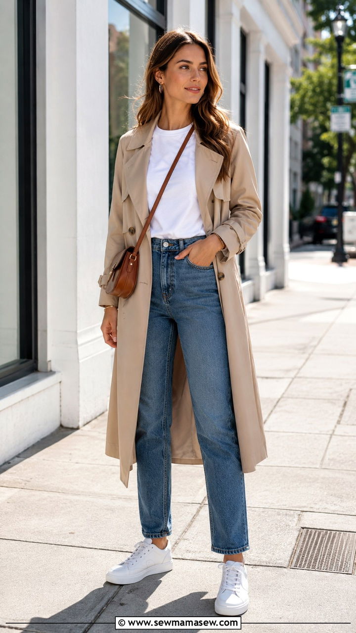 Trench Coat with Jeans and White Tee - 25 trench coat outfits aesthetic