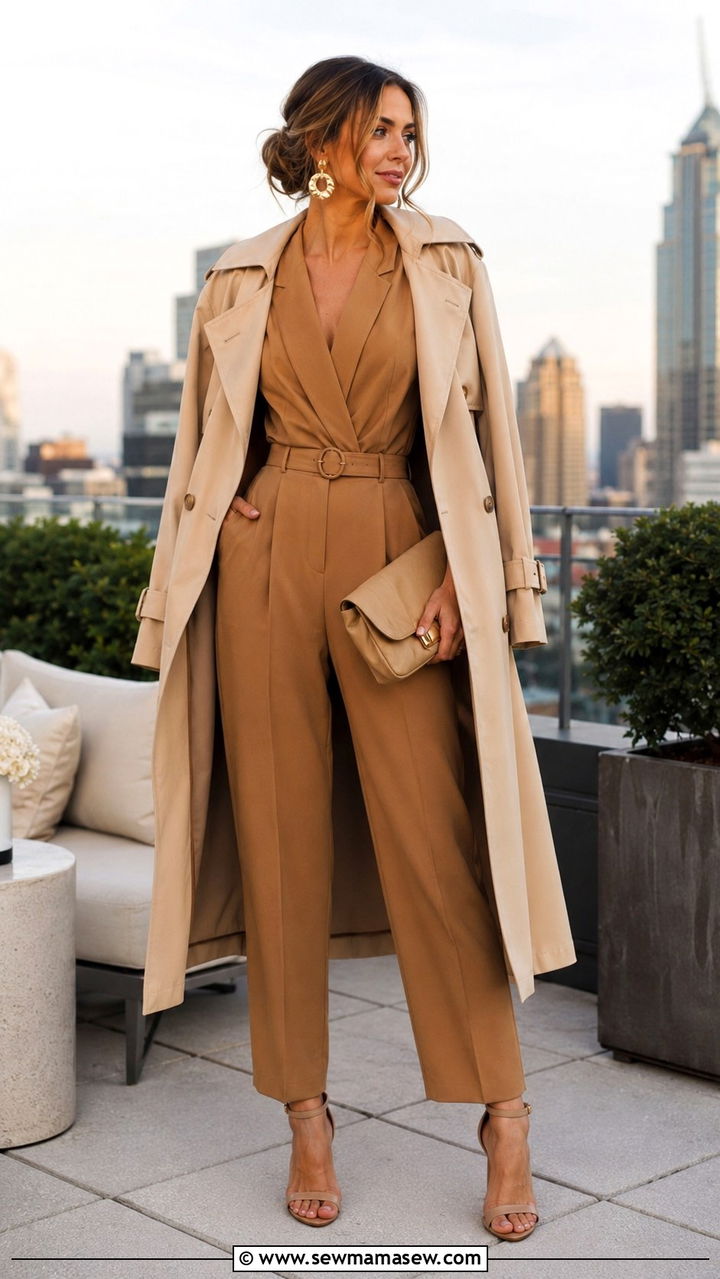 Trench Coat with Jumpsuit and Heeled Sandals - 30 spring capsule wardrobe outfit ideas