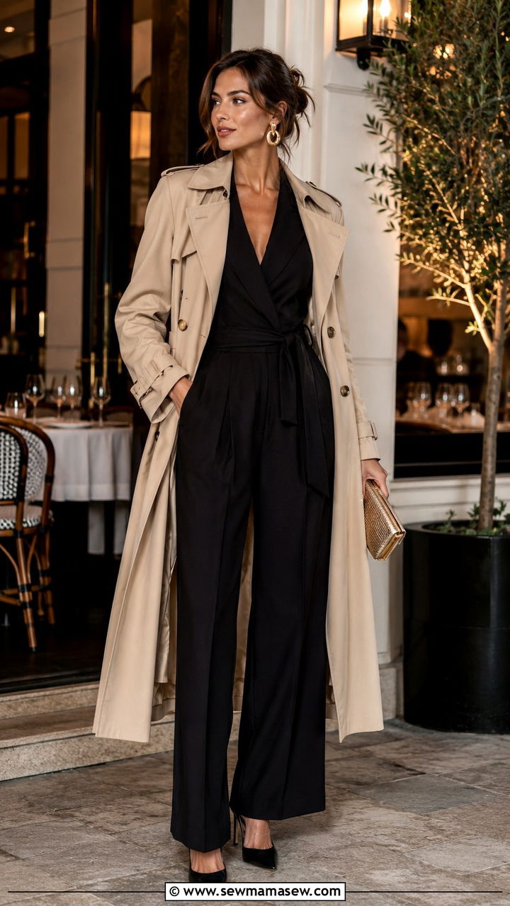 Trench Coat with Jumpsuit and Heels - 25 trench coat outfits aesthetic