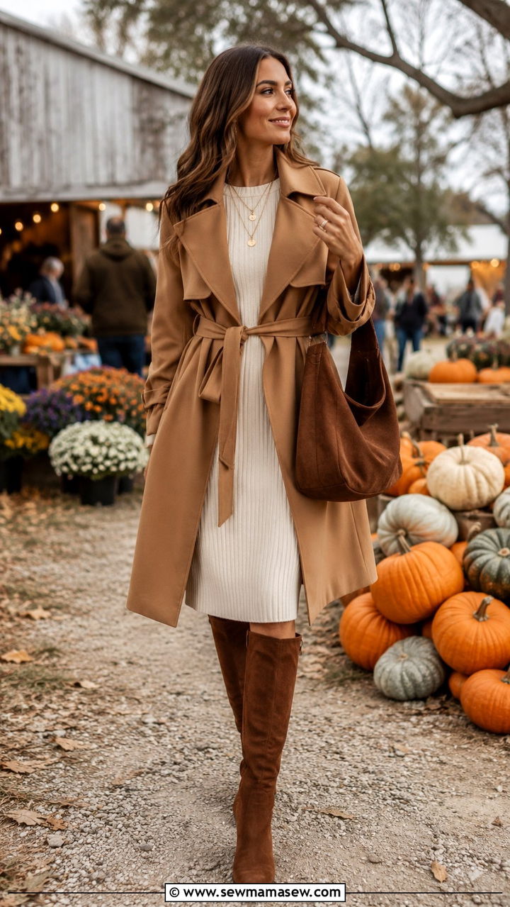 Trench Coat with Knit Dress and Suede Boots - 25 trench coat outfits aesthetic