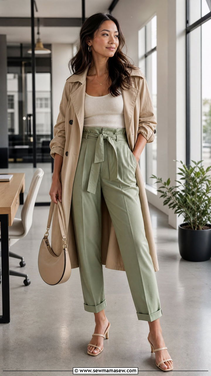 Trench Coat with Knit Tank and Paperbag Waist Trousers - 30 Summer outfits with trench coats