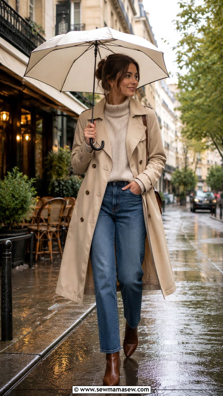 Trench Coat with Knit and Jeans - 30 brunch outfits Pinterest