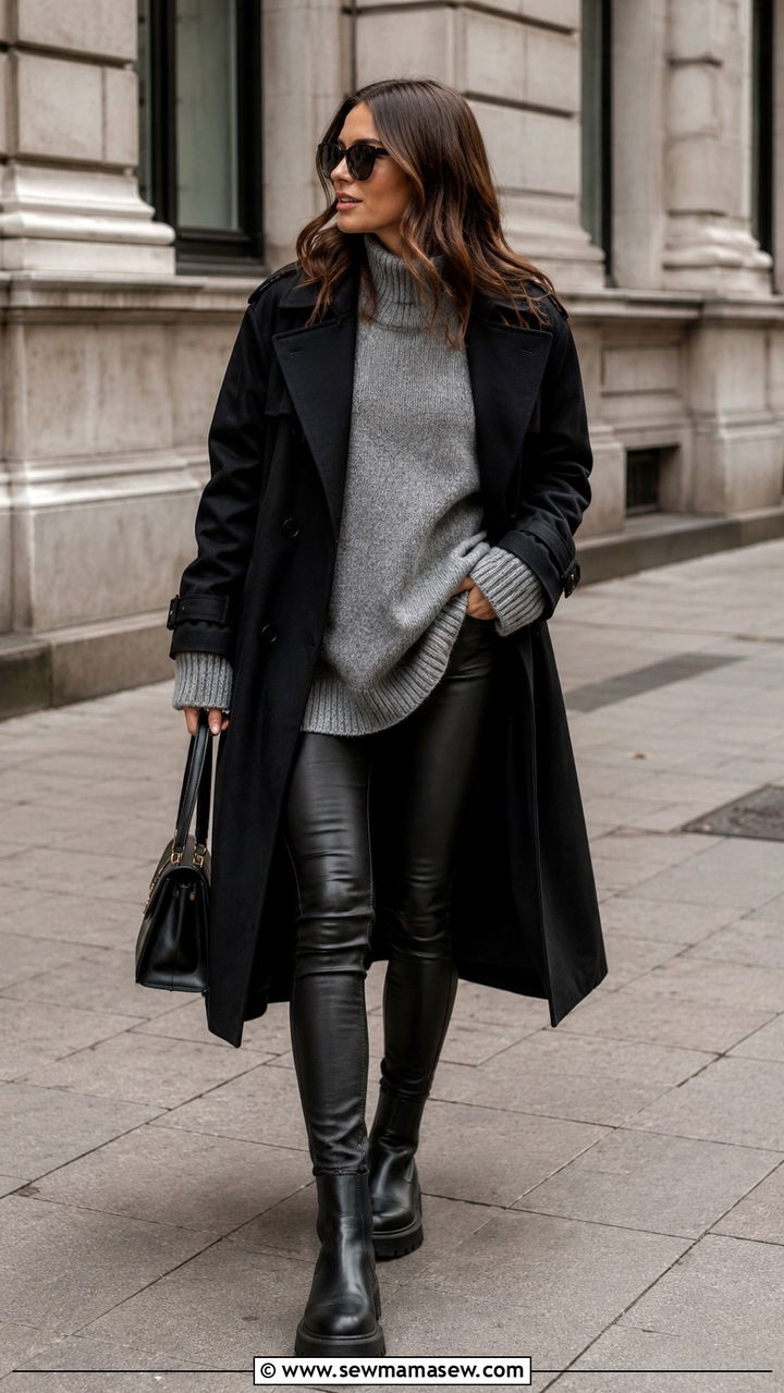 Trench Coat with Leather Leggings and Chunky Chelsea Boots - 30 trench coat outfits inspo