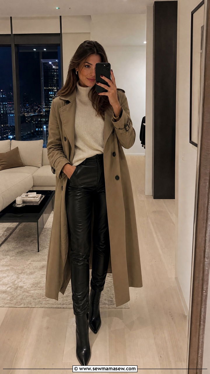 Trench Coat with Leather Pants and Heeled Boots - 35 how to style trench coat