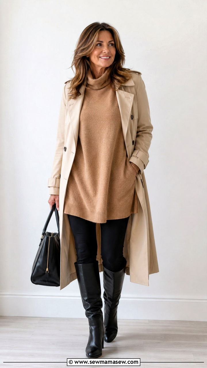 Trench Coat with Leggings and Long Tunic Sweater - 30 trench coat outfits for women over 40