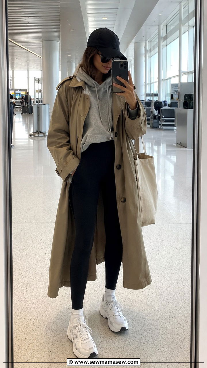 Trench Coat with Leggings and Sneakers - 25 trench coat outfits aesthetic