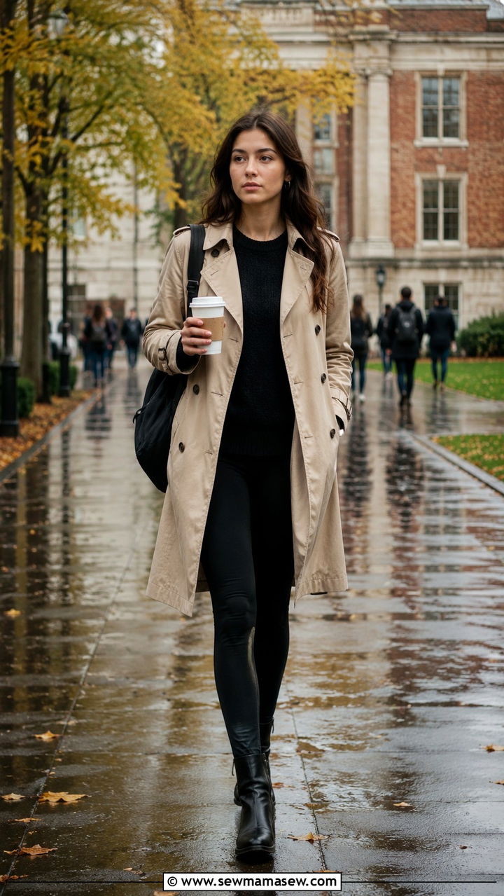 Trench Coat with Leggings - 30 School outfit ideas with leggings
