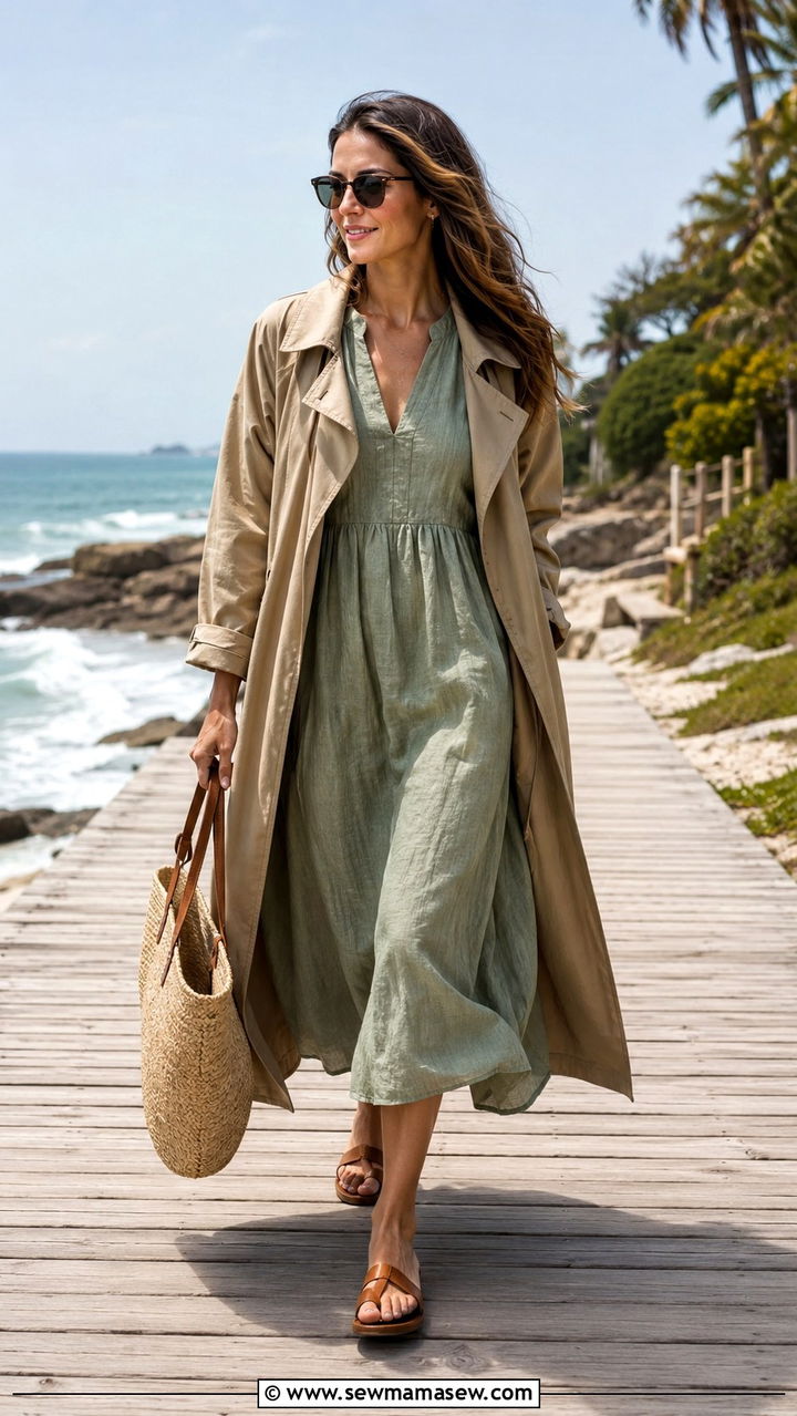 Trench Coat with Linen Midi Dress and Flat Sandals - 30 Long trench coat outfit ideas with a dress