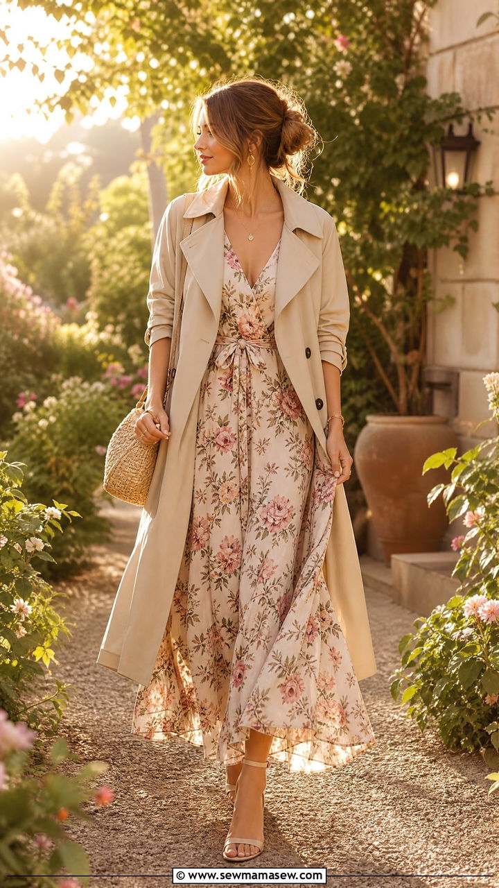 Trench Coat with Maxi Dress and Heeled Sandals - 35 how to style trench coat