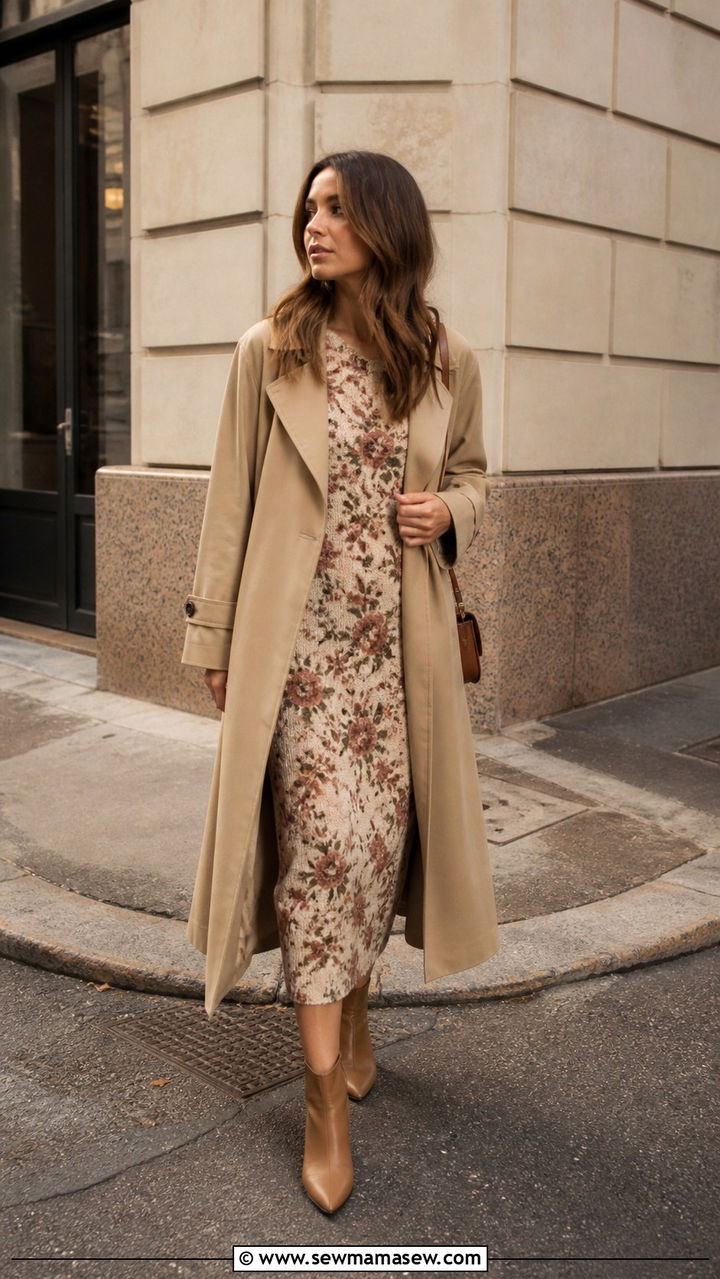 Trench Coat with Midi Dress and Ankle Boots - 40 cute spring outfit ideas