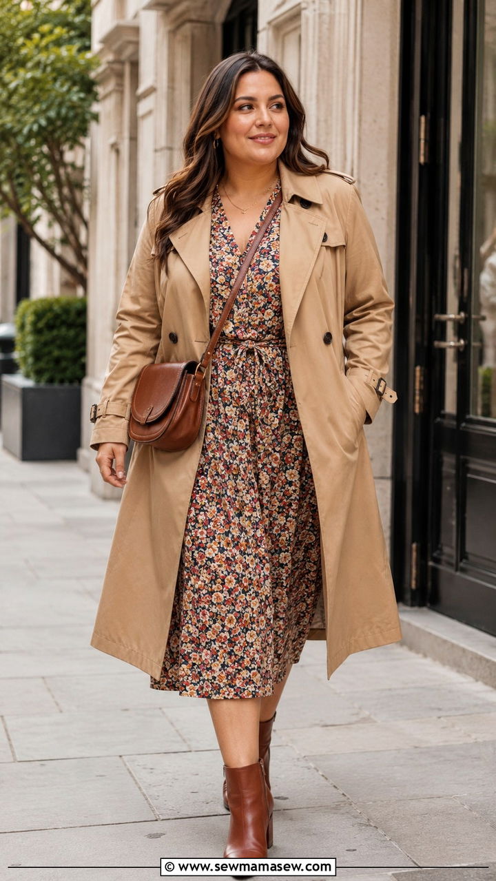 Trench Coat with Midi Dress and Ankle Boots - 30 transitional midsize outfit ideas