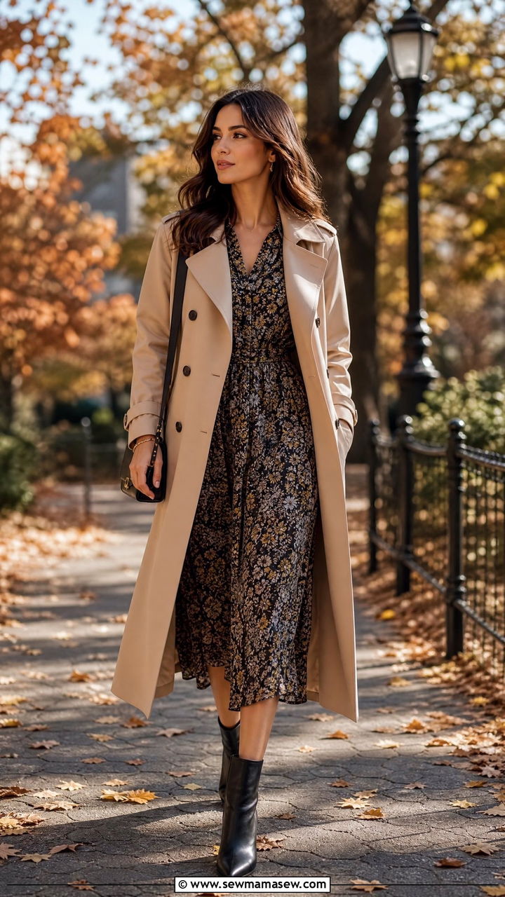 Trench Coat with Midi Dress and Ankle Boots - 35 how to style trench coat