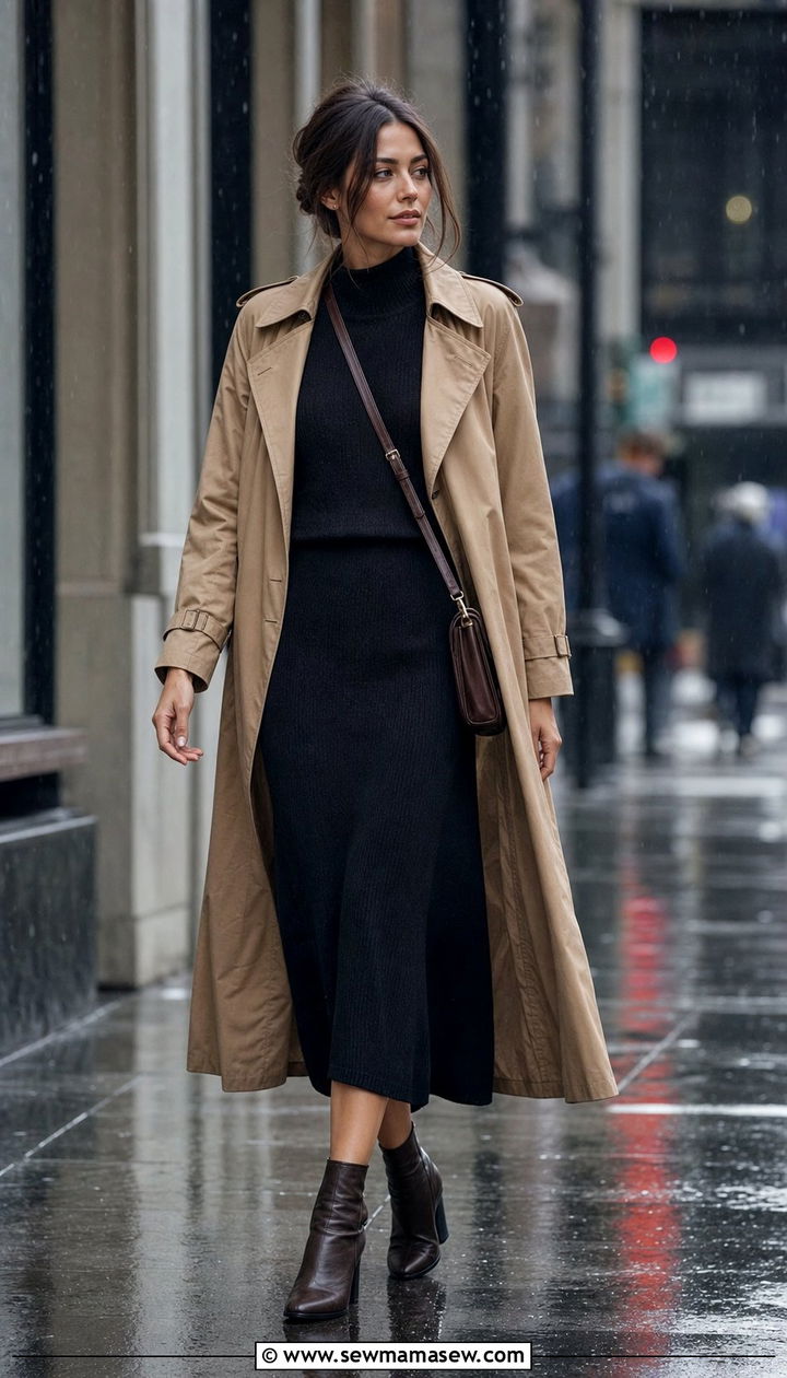 Trench Coat with Monochrome Knit Set and Heeled Ankle Boots - 25 cute dark academia outfits