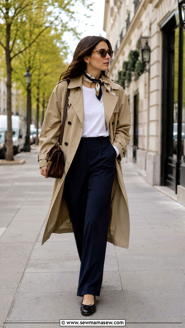 Trench Coat with Navy Wide Leg Trousers and Ballet Flats - 30 quiet luxury outfits aesthetic
