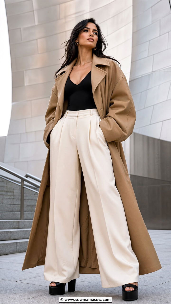 Trench Coat with Palazzo Pants and Platform Heels - 35 how to style trench coat