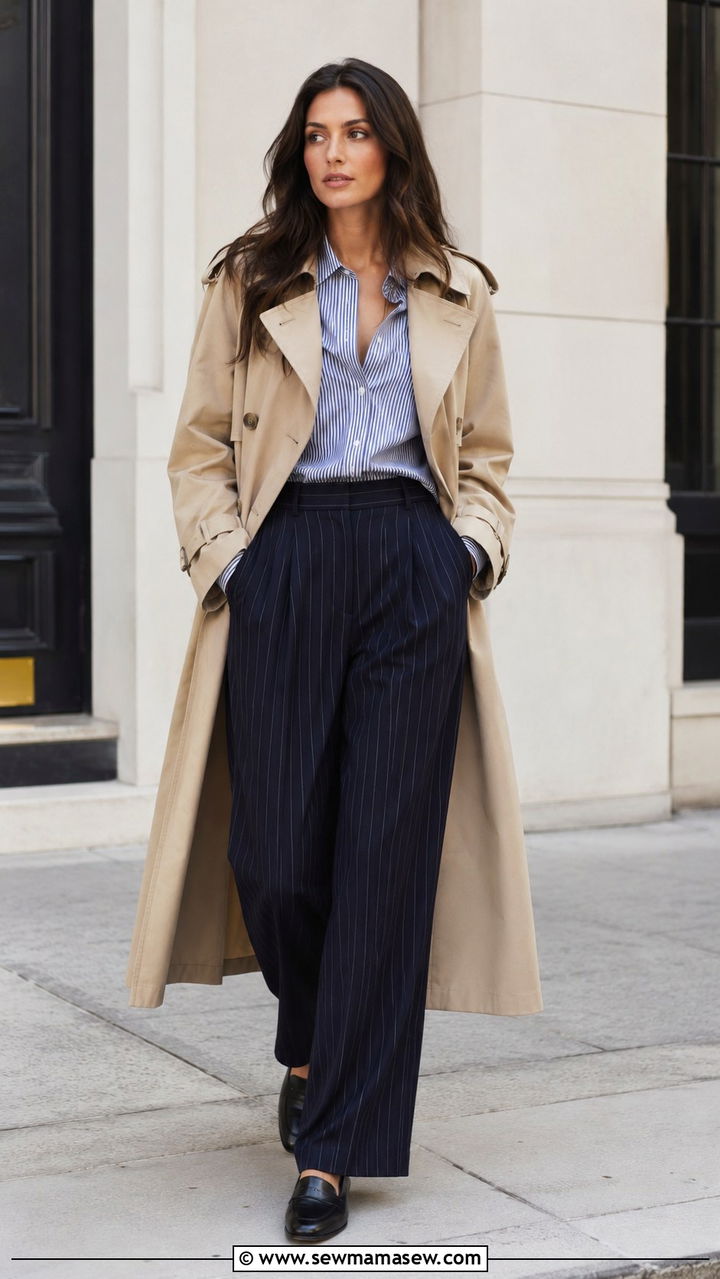 Trench Coat with Pinstripe Trousers and Striped Shirt - 30 transitional street style outfits