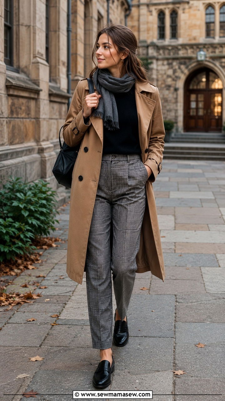 Trench Coat with Plaid Pants and Loafers - 25 trench coat outfits aesthetic