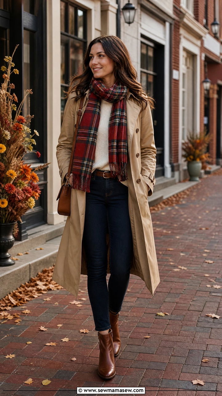 Trench Coat with Plaid Scarf and Dark Denim - 35 how to style trench coat