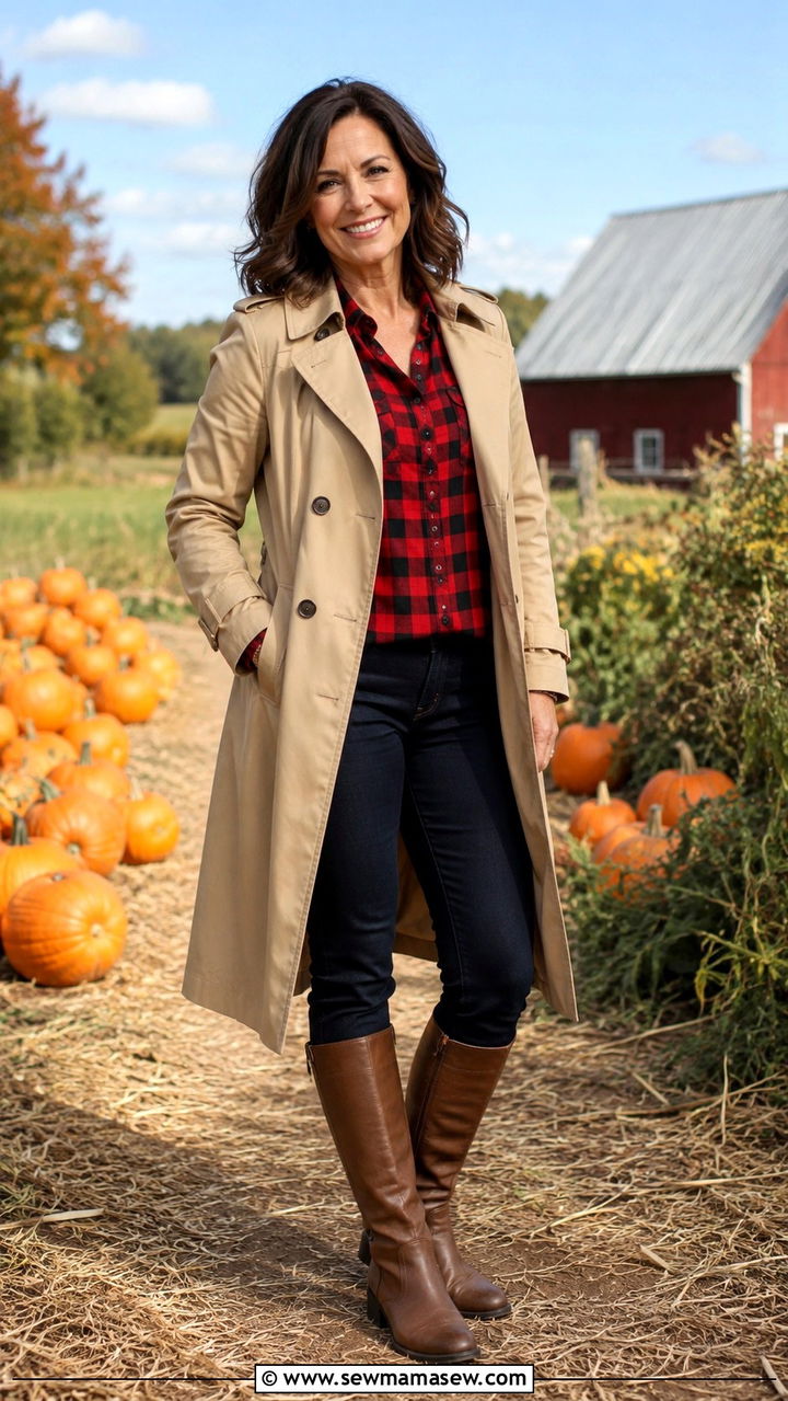 Trench Coat with Plaid Shirt and Dark Skinny Jeans - 30 trench coat outfits for women over 40