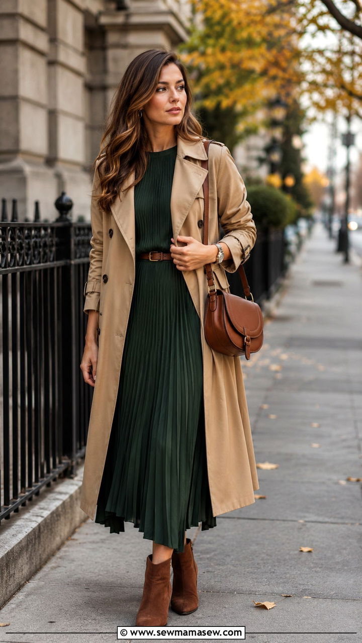 Trench Coat with Pleated Midi Dress and Ankle Boots - 30 Long trench coat outfit ideas with a dress