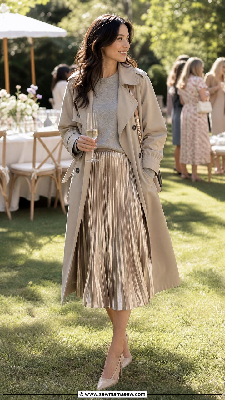 Trench Coat with Pleated Midi Skirt Outfit - 40 trench coat outfit ideas