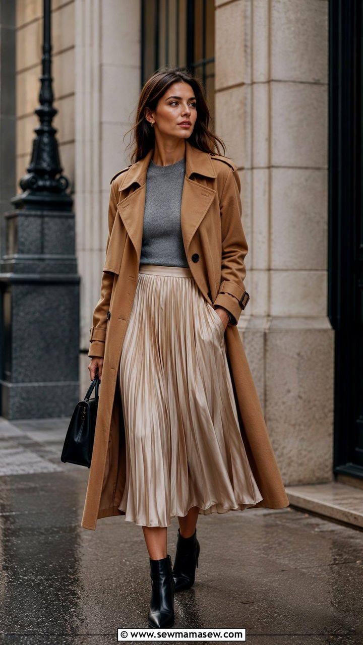 Trench Coat with Pleated Midi Skirt and Sleek Ankle Boots - 30 trench coat outfits inspo