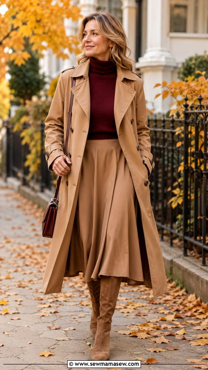Trench Coat with Polo Neck and Midi Skirt - 30 trench coat outfits for women over 40