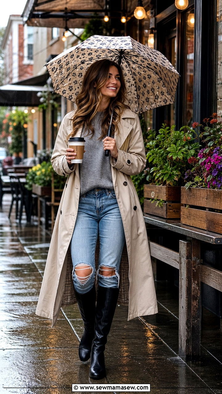 Trench Coat with Ripped Jeans and Tall Black Boots - 20 rainy day outfits 2026