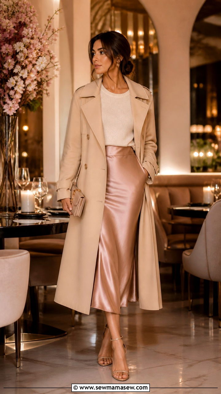 Trench Coat with Satin Midi Skirt Outfit - 40 trench coat outfit ideas
