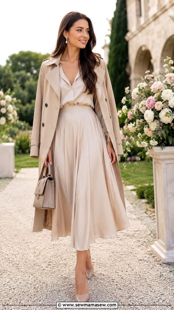 Trench Coat with Silk Blouse and Midi Skirt - 30 spring capsule wardrobe outfit ideas