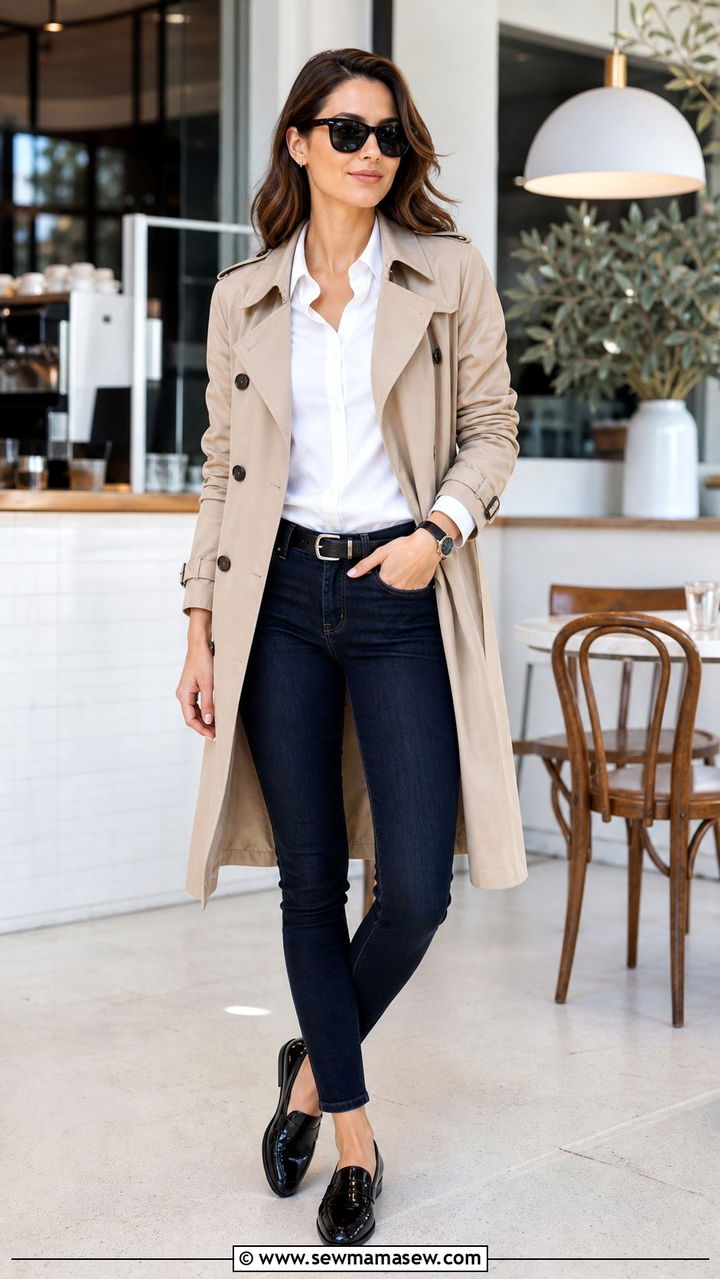 Trench Coat with Skinny Jeans and Button Down Shirt - 25 Skinny jeans outfit ideas with a trench coat