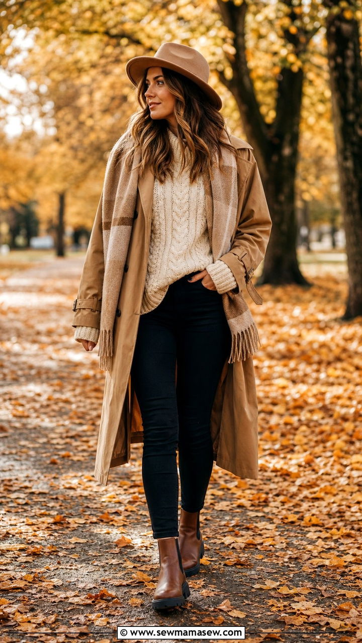 Trench Coat with Skinny Jeans and Chunky Knit Sweater - 25 Skinny jeans outfit ideas with a trench coat
