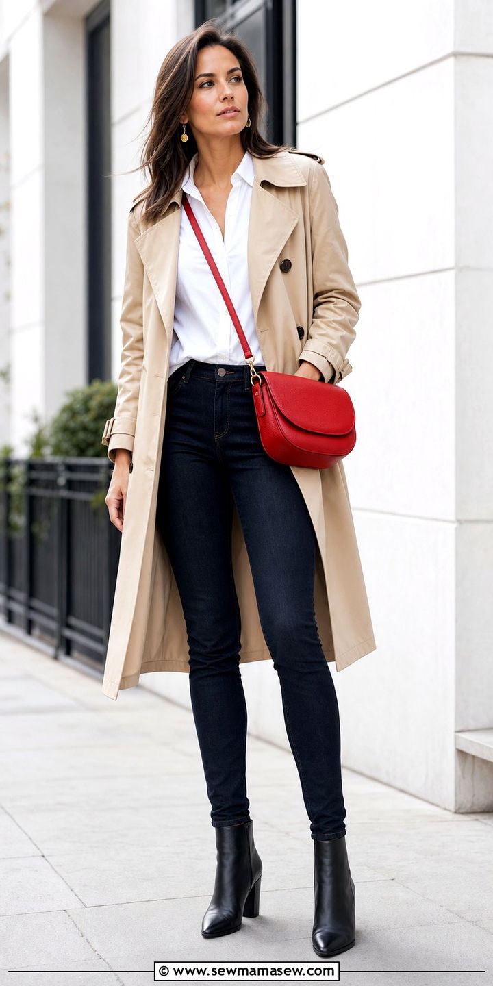 Trench Coat with Skinny Jeans and Crossbody Bag Emphasis - 25 Skinny jeans outfit ideas with a trench coat
