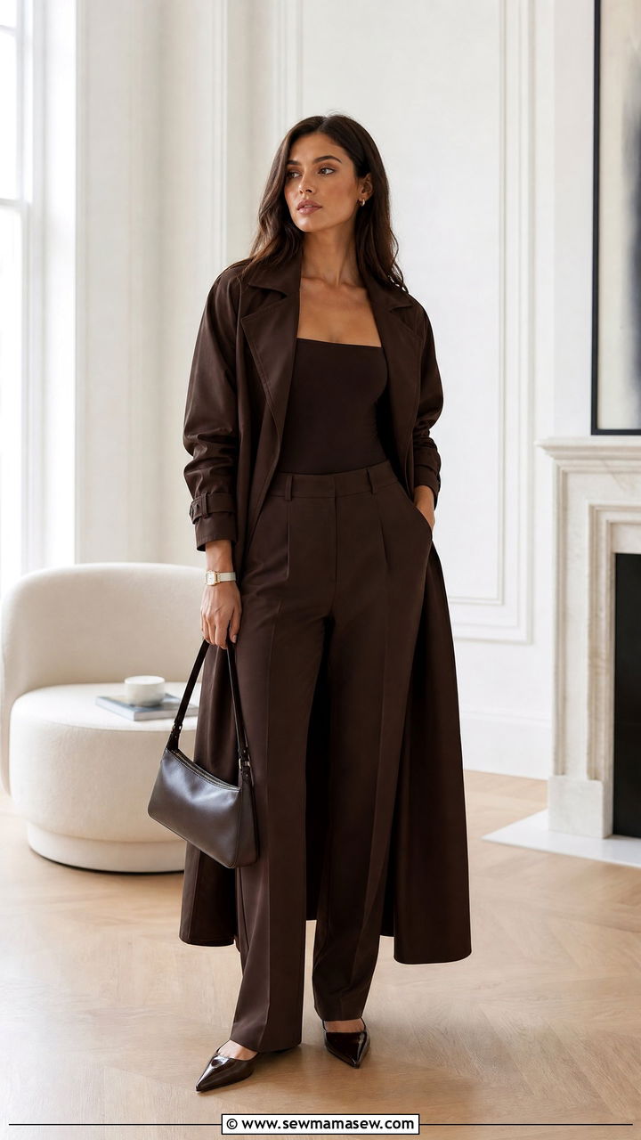 Trench Coat with Square Neck Bodysuit and Straight Leg Pants - 30 Summer outfits with trench coats