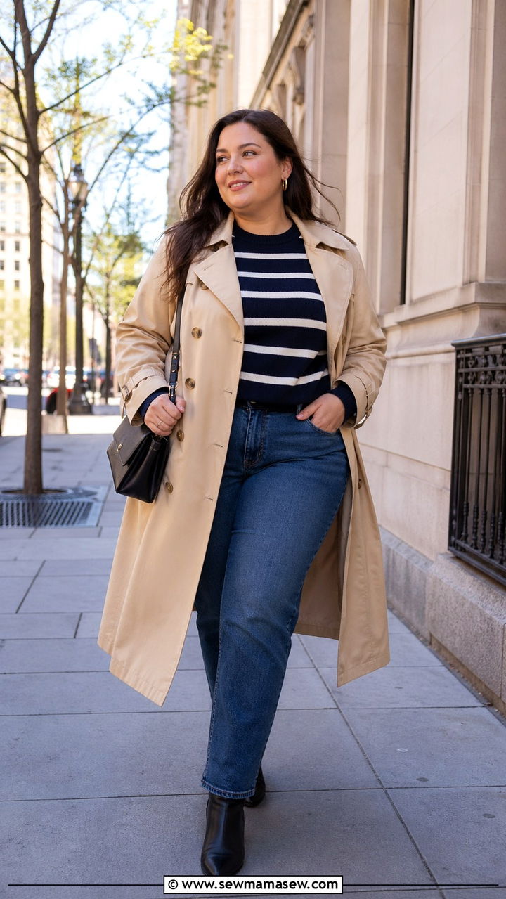 Trench Coat with Straight Jeans and Striped Sweater - 20 Plus size from Universal Standard